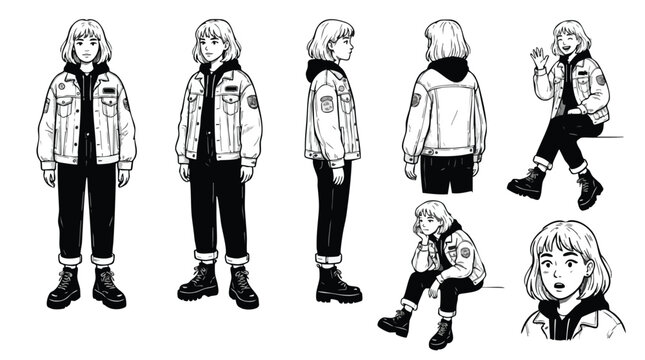 Female Character Reference Sheet in Casual Denim Jacket and Boots