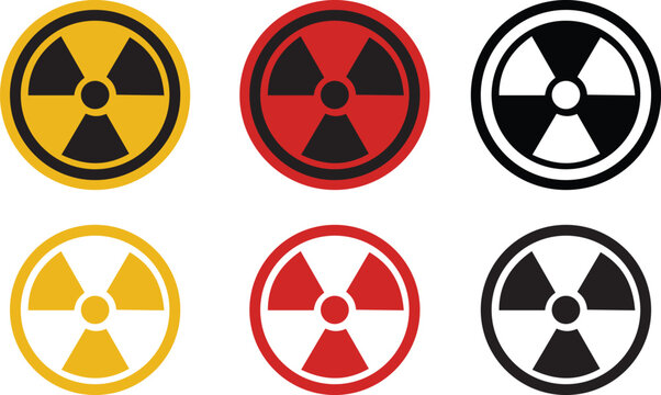 Radiation symbol icon set collection with nuclear hazard warning signs in black yellow red color variations, radioactive energy symbols, outline and filled vector design for safety and industrial use