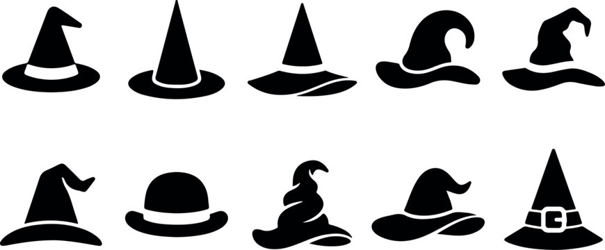 bundle of Witch hats and wizard headwear silhouettes collection. Comprehensive set of different pointed magic hats, top hats, and classic sorcerer caps for Halloween designs.