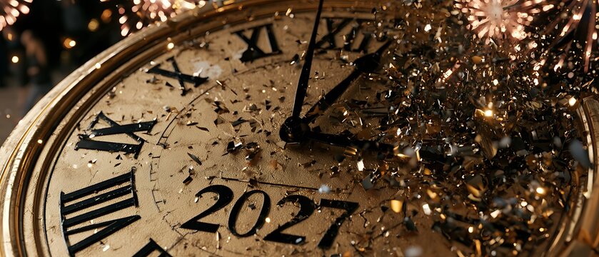 Vintage golden clock face showing the year 2027 with clock hands hitting midnight surrounded by exploding shiny tinsel glitter and holiday confetti