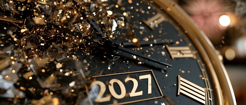 Close up of a black and golden vintage clock face showing the year 2027 with clock hands hitting midnight amidst exploding glitter confetti