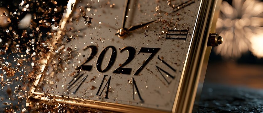 Square golden clock face showing the year 2027 with clock hands approaching midnight surrounded by exploding glitter confetti and blurred fireworks