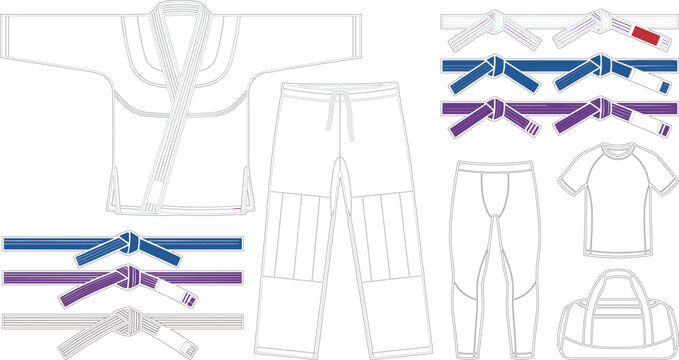 Brazilian Jiu Jitsu Gi Vector Mockup Set with Uniform Kimono, Pants, Spats, Rashguard, Gym Bag, and Ranked Martial Arts Belts ElementsBrazilian Jiu Jitsu Gi Vector Mockup Set with Uniform Kimono, Pant