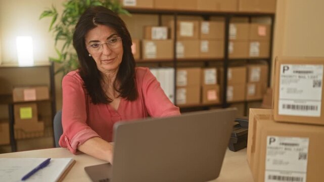 Woman writing with a pen at a laptop desk surrounded by stacked boxes and packages in a building; focused entrepreneurship.