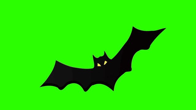 Cute 2D cartoon bat flying transition video clip with glowing stars and moons on a chroma key green screen background. Perfect for Halloween parties, kids' channels, spooky stories, and playful animat