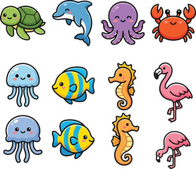 Fototapeta premium Cute cartoon sea animals and birds illustrations on white background