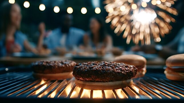 Burgers cooking on a hot grill with flames showing in the foreground, friends enjoying a summer evening party in the background with festive fireworks illuminating the night sky