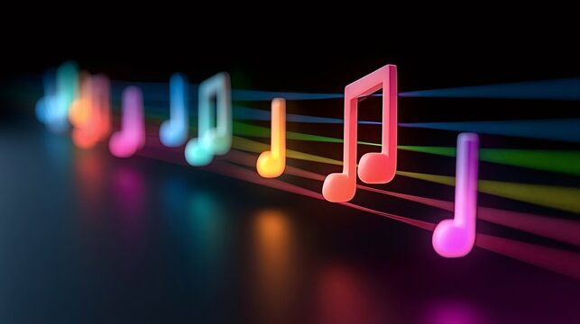 Vibrant volumetric 3d music notes rendered in a spectrum of colors, depicting flowing energy lines representing abstract sound waves on a dark background, illustrating rhythm and melody