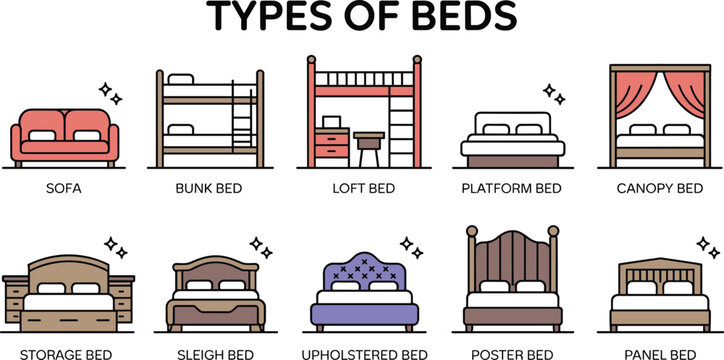 Types of beds infographic vector set with icons for sofa bunk loft canopy and platform bed styles