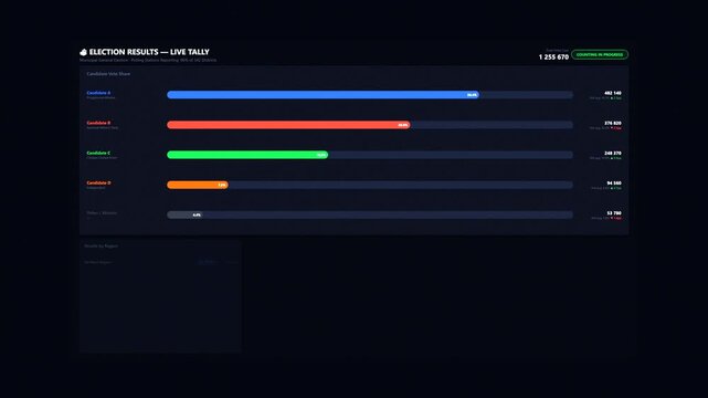 Election results live tally animation showing candidate vote share regional breakdown and voter turnout statistics for political news broadcast