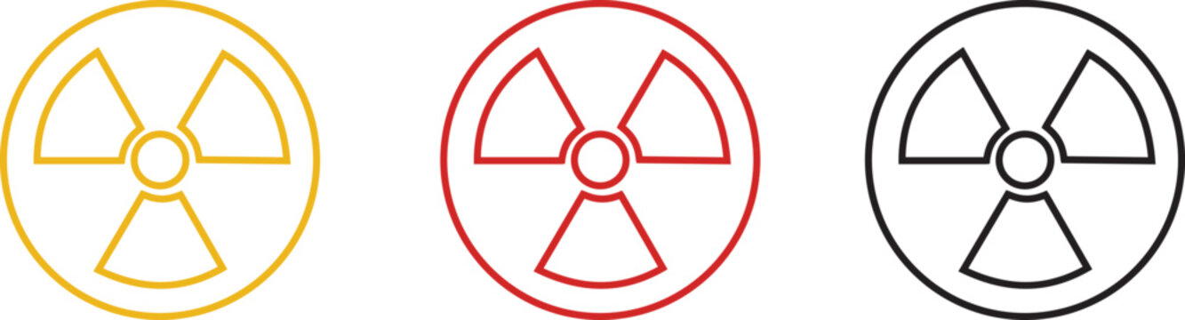 Radiation symbol icon set collection with nuclear hazard warning signs in black yellow red color variations, radioactive energy symbols, outline and filled vector design for safety and industrial use