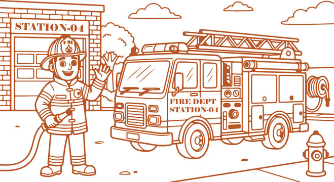 Friendly firefighter waving in front of station with parked modern fire engine.