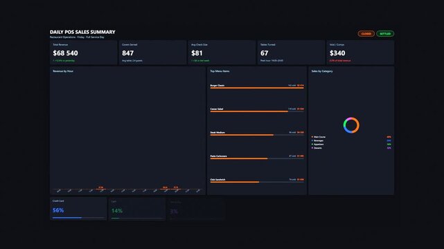 Restaurant sales dashboard animation showing daily revenue hourly chart top menu items and payment method breakdown for hospitality business analytics