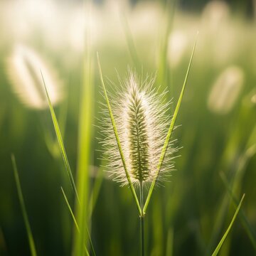Golden backlit pennisetum grass in a summer field, soft morning sunlight on wild foxtail plant, dreamy botanical nature background with bokeh for wellness and environmental design