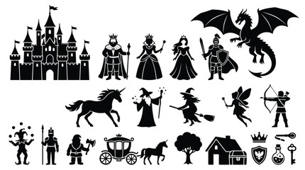 Obraz premium Black Silhouette Collection Of Fantasy Characters And Medieval Castle Elements On White Background fortress