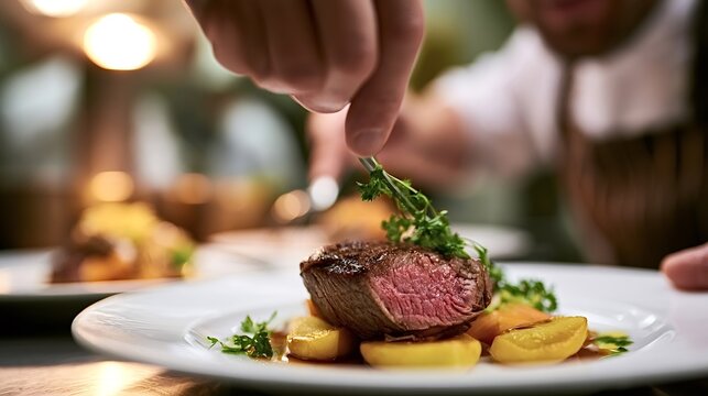 Chef's hand precision placing fresh herbs on a perfectly cooked beef steak with roasted potatoes and vegetables, artfully plating a gourmet dish in a restaurant kitchen environment