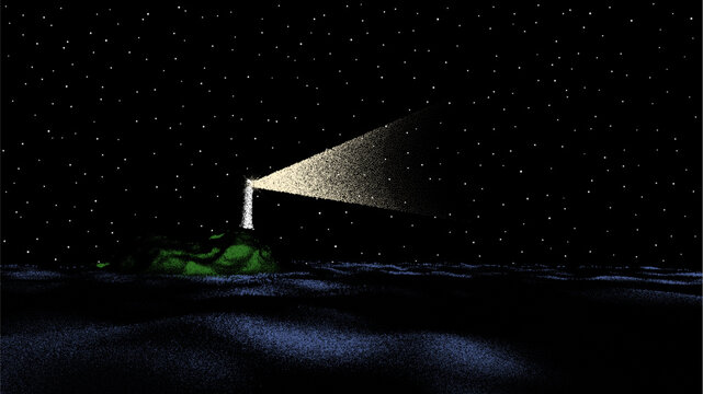 Colorful retro lighthouse beacon sweeping across a star-filled night sky above a rocky island in stipple dot art