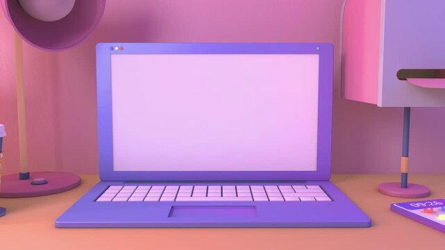3D render of a purple laptop with blank white screen on a desk, pastel pink minimalist workspace mockup