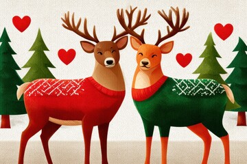 Fototapeta premium Two deer in Christmas sweaters stand together in a snowy, festive forest scene