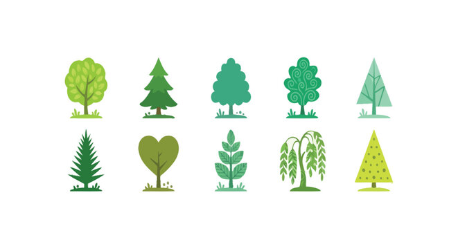 Variety of trees vector illustration with green and yellow foliage on a white background tree leaf leaves woodland forest evergreen deciduous conifer willow pine oak