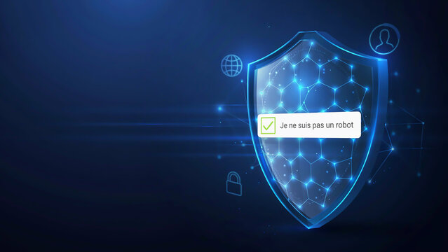 Digital Security Shield with CAPTCHA Verification and Checkbox on Blue Tech Background