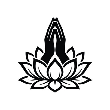 Praying hands emerging from a lotus flower namaste silhouette vector illustration