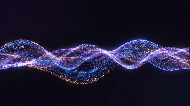 Swirling luminous particles in vibrant blue and gold forming an abstract wave pattern against a dark background with subtle bokeh effects Keywords: abstract, particle wave, glowing particles