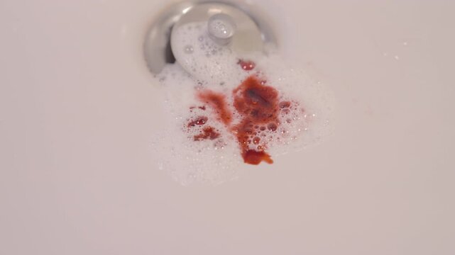 An image of a bathroom sink containing blood mixed with toothpaste foam, with additional drops of blood falling into it.This signifies oral health issues such as severe gum or dental disease.
