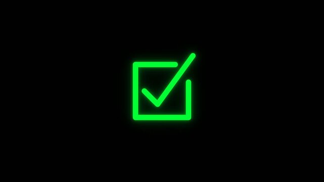 4K Neon green check mark animation, glowing checkbox success verified icon seamless loop on black