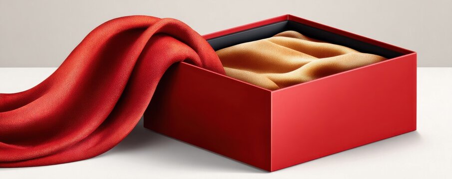 Red gift box with silky fabrics draped over the edge, a luxurious present ready for gifting