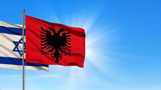 albanian and israeli flag waving in blue sky. relations albania israel
