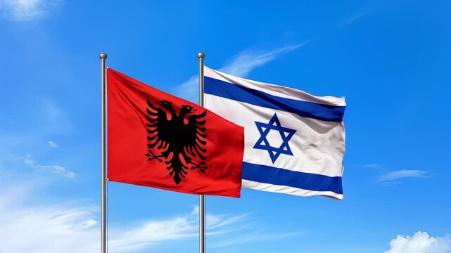 albanian and israeli flag waving in blue sky. relations albania israel