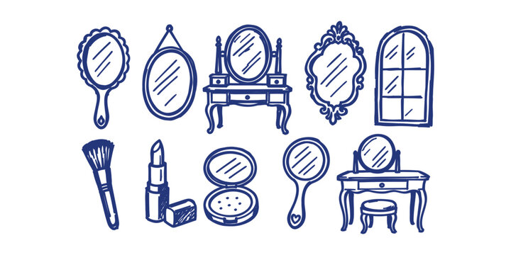 mirror collection and vanity dressing table makeup beauty accessory doodle icon set vector illustration