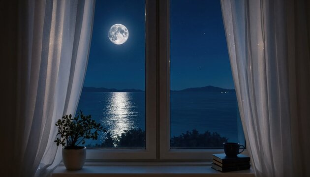 Full moon shining bright through window illuminating calm ocean view at peaceful night.