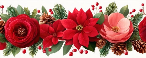 Fototapeta premium Poinsettia and pine flat garland isolated on white background for holiday decor and Christmas images