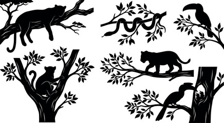 Rainforest and Jungle Tree Animals Silhouette Set with Leopard Sleeping Snake Slithering Toucan Monkey and Hornbill Bird Icons for Nature Vector Graphic Designs © MdImran