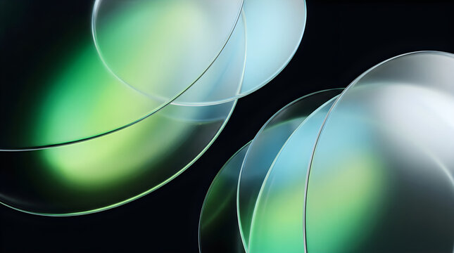 Abstract composition of overlapping glass spheres with vibrant green and blue hues on black