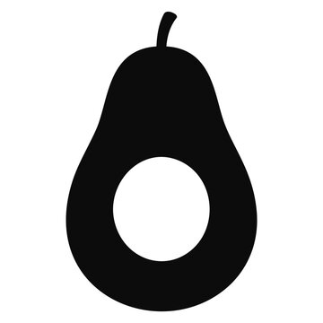 Minimalist black silhouette of a halved avocado with pit removed on white background.