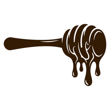 Dark brown honey dipper with dripping syrup illustration on white background