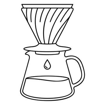 Line art illustration of a manual pour over coffee dripper on a glass carafe with a coffee drop