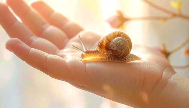 A close-up shows a snail gracefully resting on a person's open hand, illuminated by soft sunlight. A few budding flowers are in the background