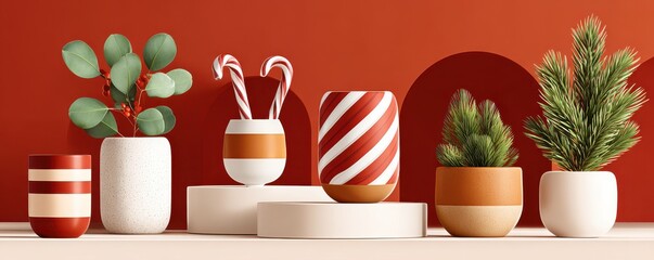Fototapeta premium White podium displays Christmas decorations on a red background with candy canes and potted plants