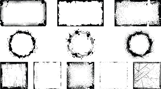 Abstract Grunge Distressed Border Frame Set with Textured Circles Squares and Rectangles with Ink Splatters and Halftone Elements for Brutalist Logo Design