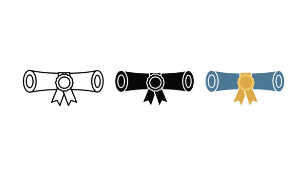Academic graduation diploma scroll icon set featuring outline solid and blue with gold ribbon colors for education and achievement concepts on a clean white background