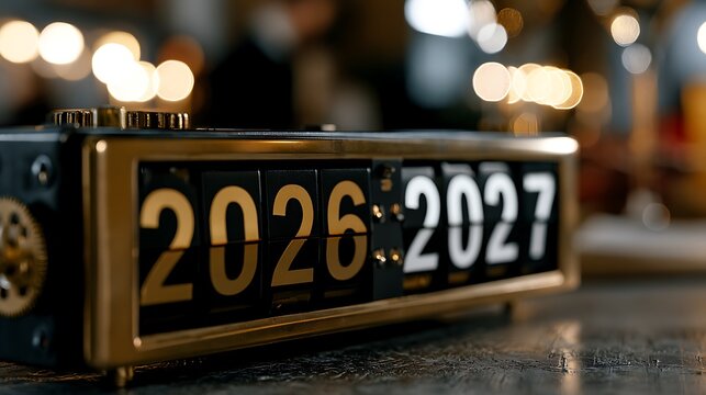 Vintage style flip clock changing from the year 2026 to 2027 on a metallic surface with warm bokeh lights in the blurred background