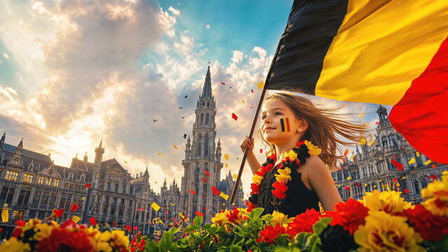 Happy girl waving Belgian flag on National Day in Brussels. Child celebrating European holiday with flowers and confetti in city square. Patriotic event, culture and joy in Belgium.