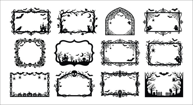 Halloween frame silhouettes with bats pumpkins and spooky elements black vector