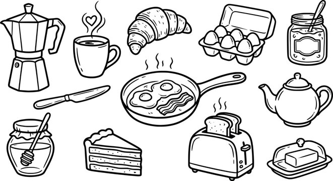 Breakfast food and drink set, hand drawn doodle style, vector illustration isolated on white background transparent background