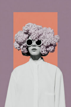Abstract summer surreal portrait poster featuring a woman with beautiful blooming flowers