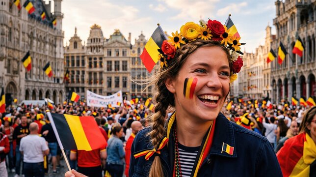Happy woman celebrating Belgian National Day in Brussels city square. Girl wearing flower crown and face paint holding national flag. Patriotic crowd gathering for summer festival.